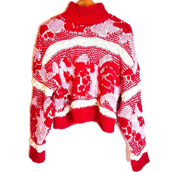 NWT ZARA Red Pink Woven Jacquard Knit Art Inspired Sweater Warm Cozy Cream - Picture 2 of 7